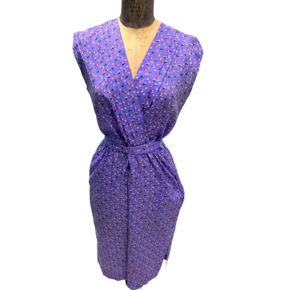 Vintage 1970s Yves Jennet Purple Abstract Pattern Faux Wrap Dress